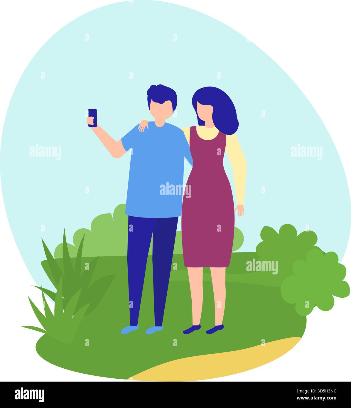 Ein junges Paar macht Selfie im Park. Zwei fröhliche Zeichentrickfiguren in Freizeitkleidung im Freien. Freunde, die Erinnerungen, freudige Momente und Freizeit festhalten Stock Vektor