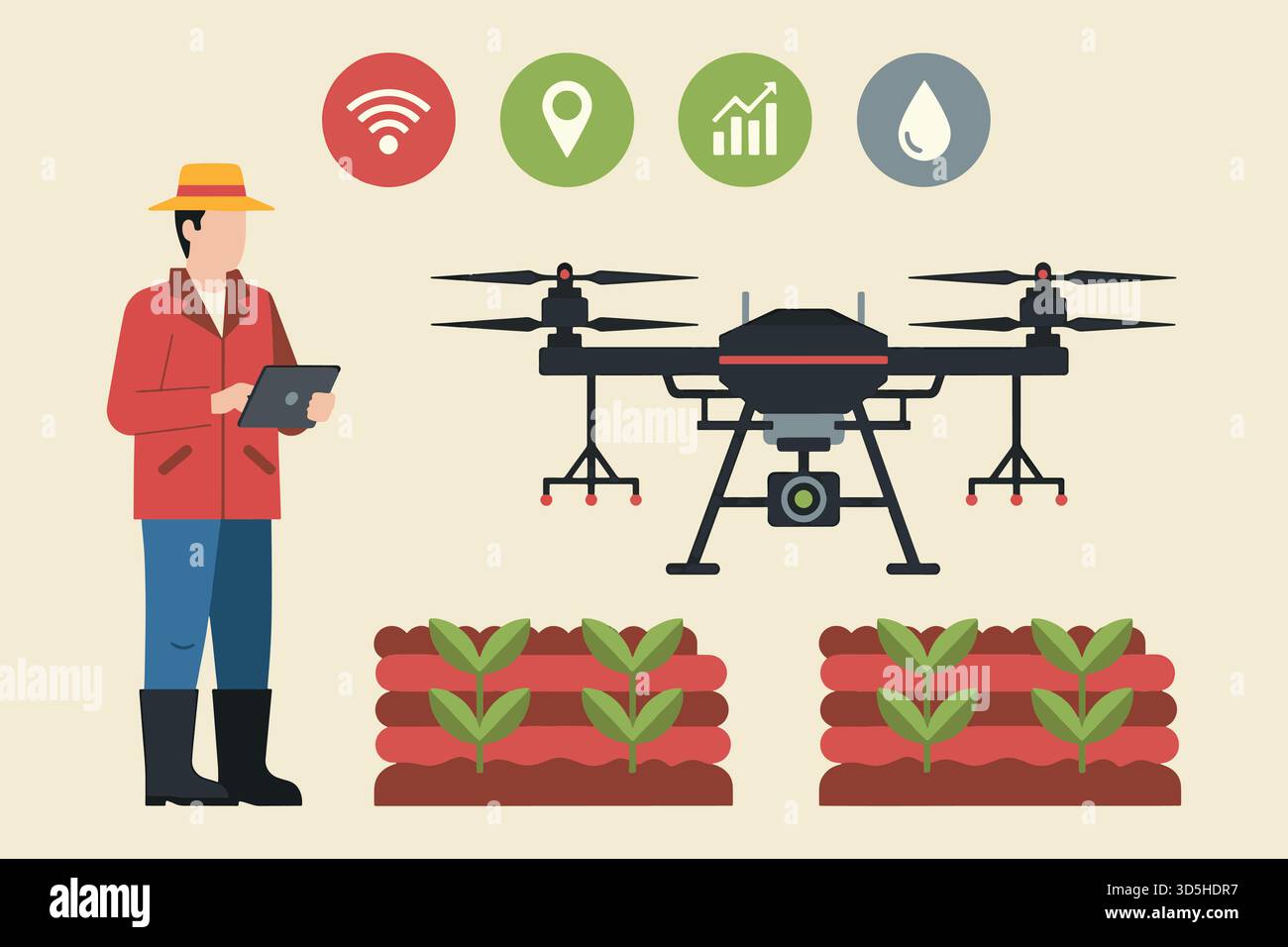 Präzisionslandwirtschaft mit Drohnentechnologie für Erntegutüberwachung und Datenanalyse Stock Vektor
