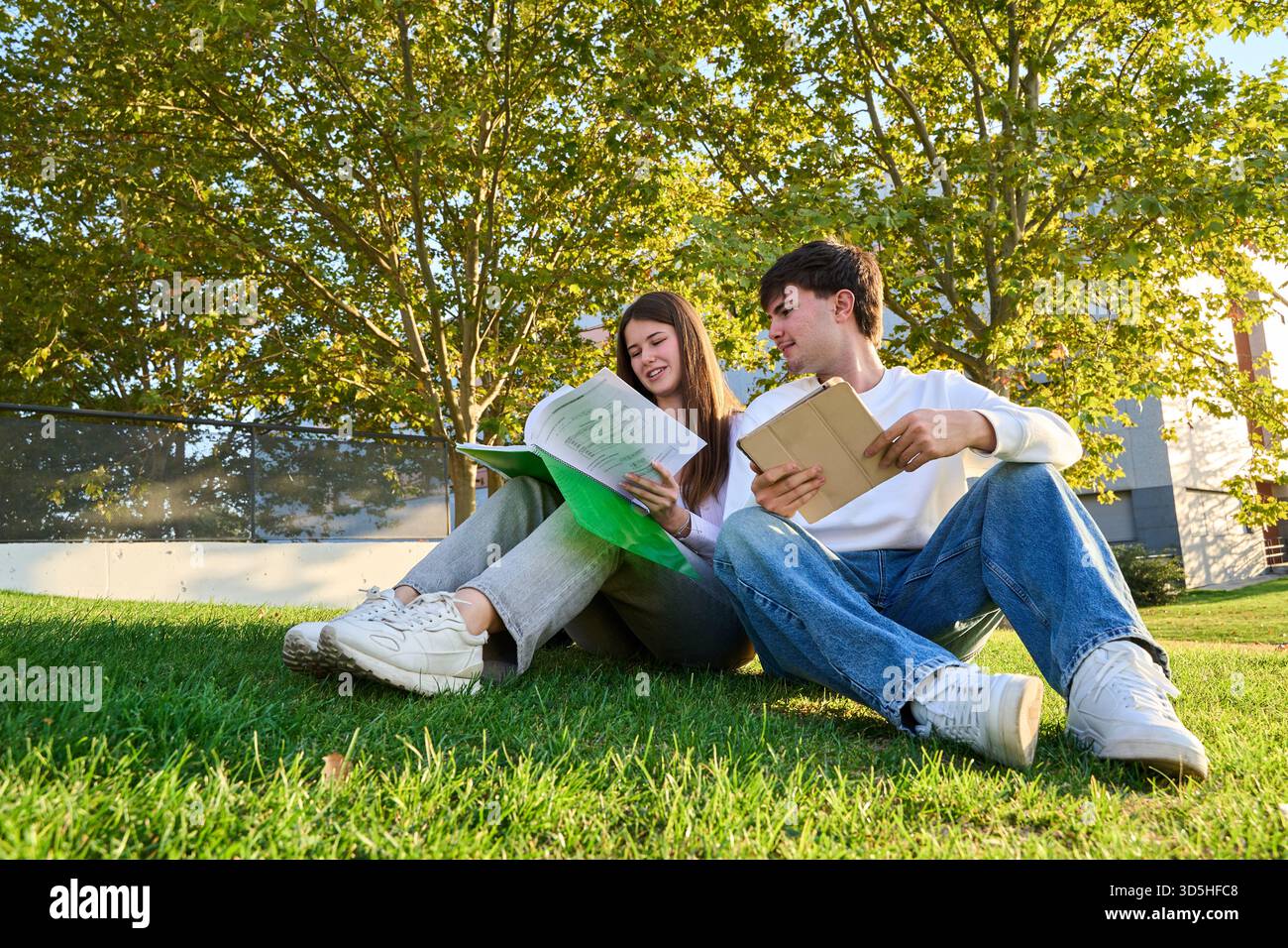 Zwei junge Studenten sitzen auf grünem Gras, lesen und verwenden ein Tablet, um in einem Campus-Park unter freiem Himmel zu lernen Stockfoto