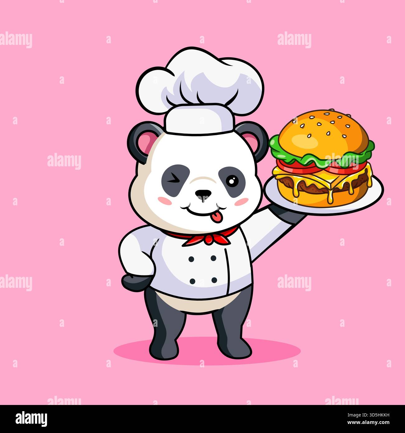 Niedlicher Panda, der ein Kochkostüm trägt Stolz einen Teller mit leckerem Burger Vektor Illustration servieren Stock Vektor