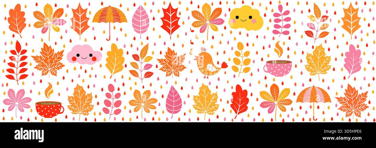 Herbst horizontales Banner mit niedlichen Vektorelementen - Wolke, Vogel, Kaffeetasse Herbstlaub Regenschirm, rot, gelb, orange und rosa warme Farben horizontal Stock Vektor
