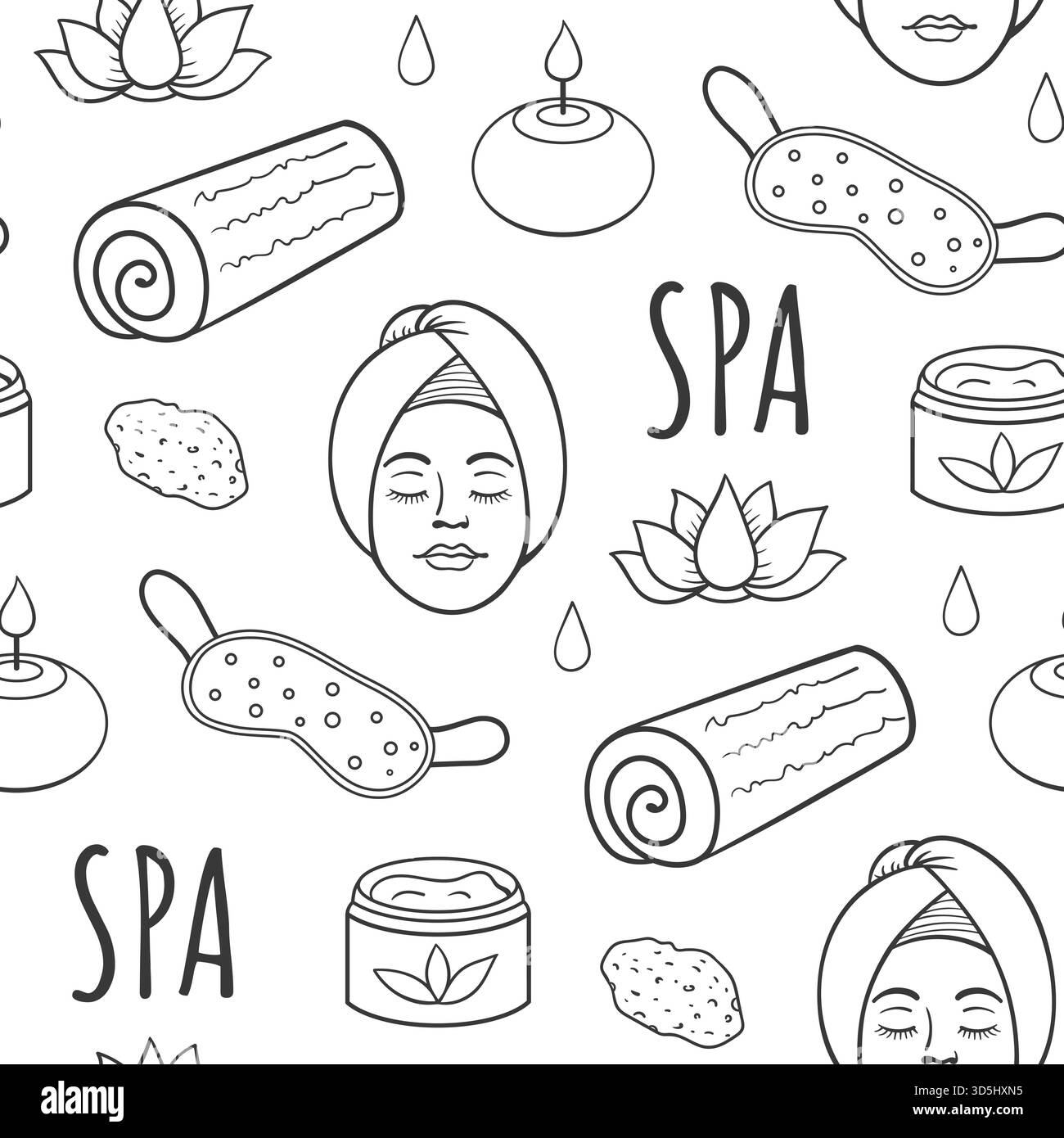 SPA- und Massagesalon nahtlose Muster, Aromatherapie, Entspannung und Körperpflegekonzept. Hand gezeichneter Vektorhintergrund Stockfoto