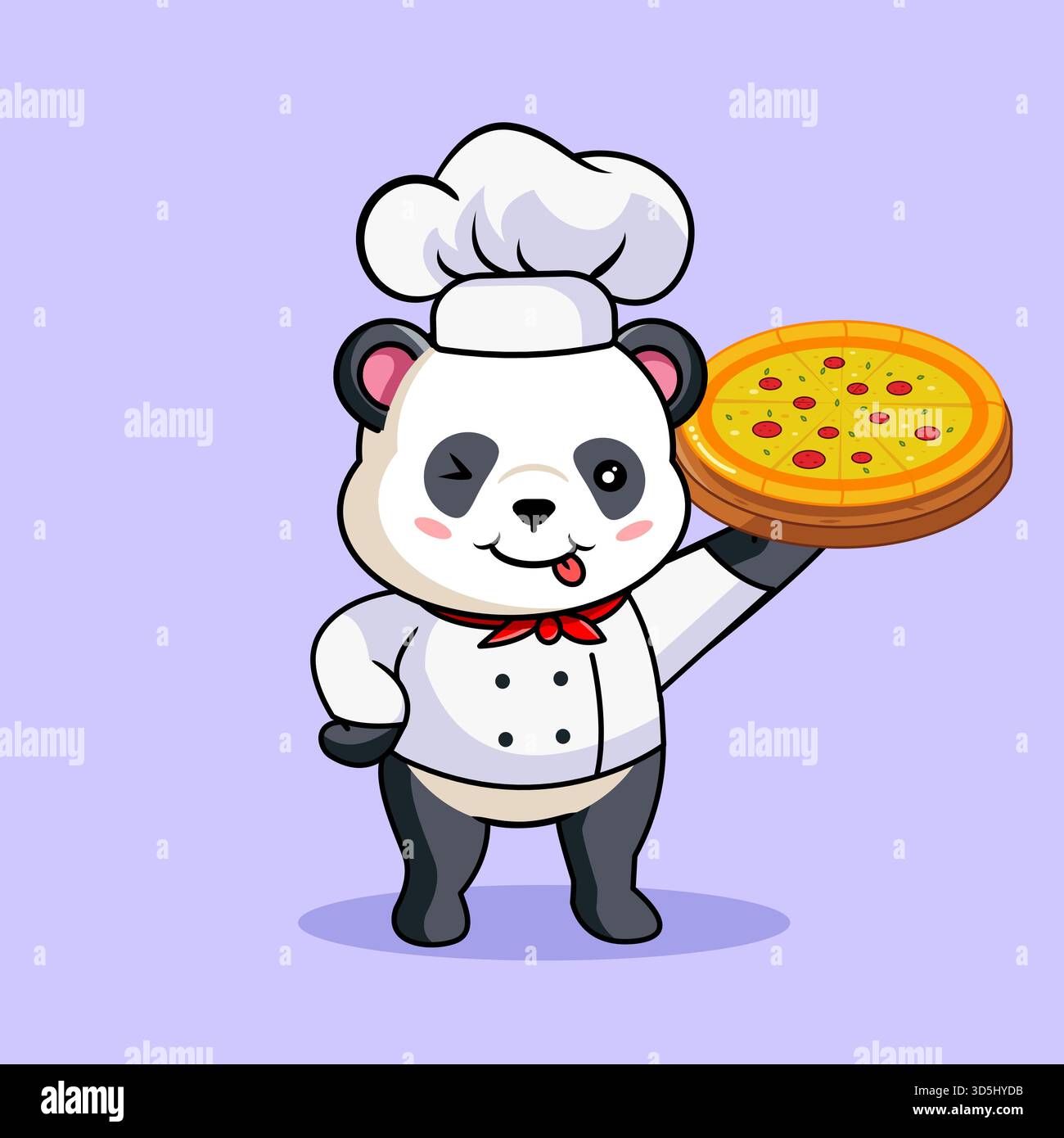 Netter Panda, der ein Chef Kostüm trägt Stolz Servieren einer Platte der leckeren Pizza Vektor Illustration Cartoon Design Stock Vektor