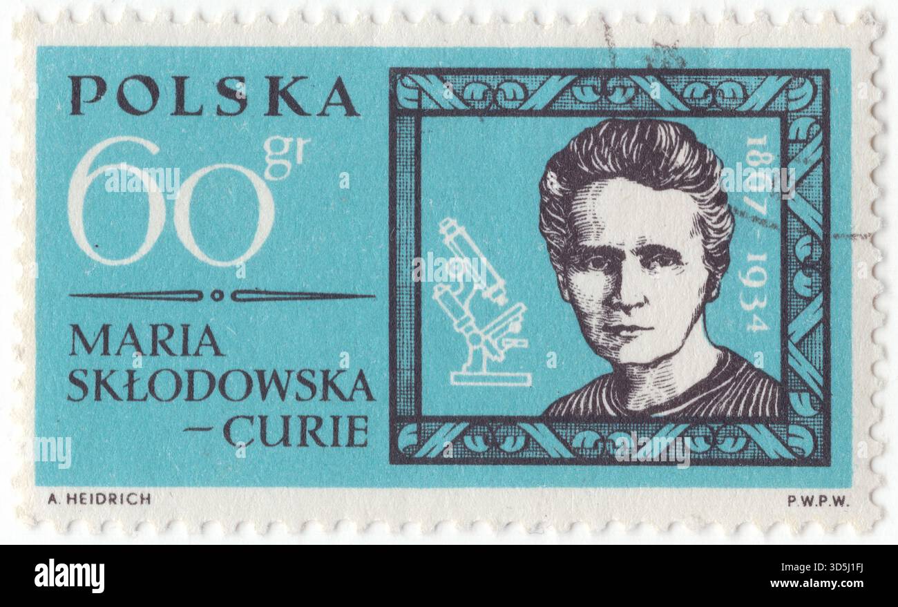POLEN — 20. Juli 1963: 60 groszblau-schwarze Briefmarke mit Porträt von Marie Salomea Skłodowska-Curie. Sie war eine polnische und eingebürgerte französische Physikerin und Chemikerin, die Pionierforschung über Radioaktivität durchführte. Sie war die erste Frau, die einen Nobelpreis gewann, die erste Person, die zweimal einen Nobelpreis gewann, und die einzige Person, die einen Nobelpreis in zwei wissenschaftlichen Bereichen gewann. Ihr Ehemann Pierre Curie war Mitgewinner ihres ersten Nobelpreises und machte sie zum ersten verheirateten Paar, das den Nobelpreis gewann Stockfoto