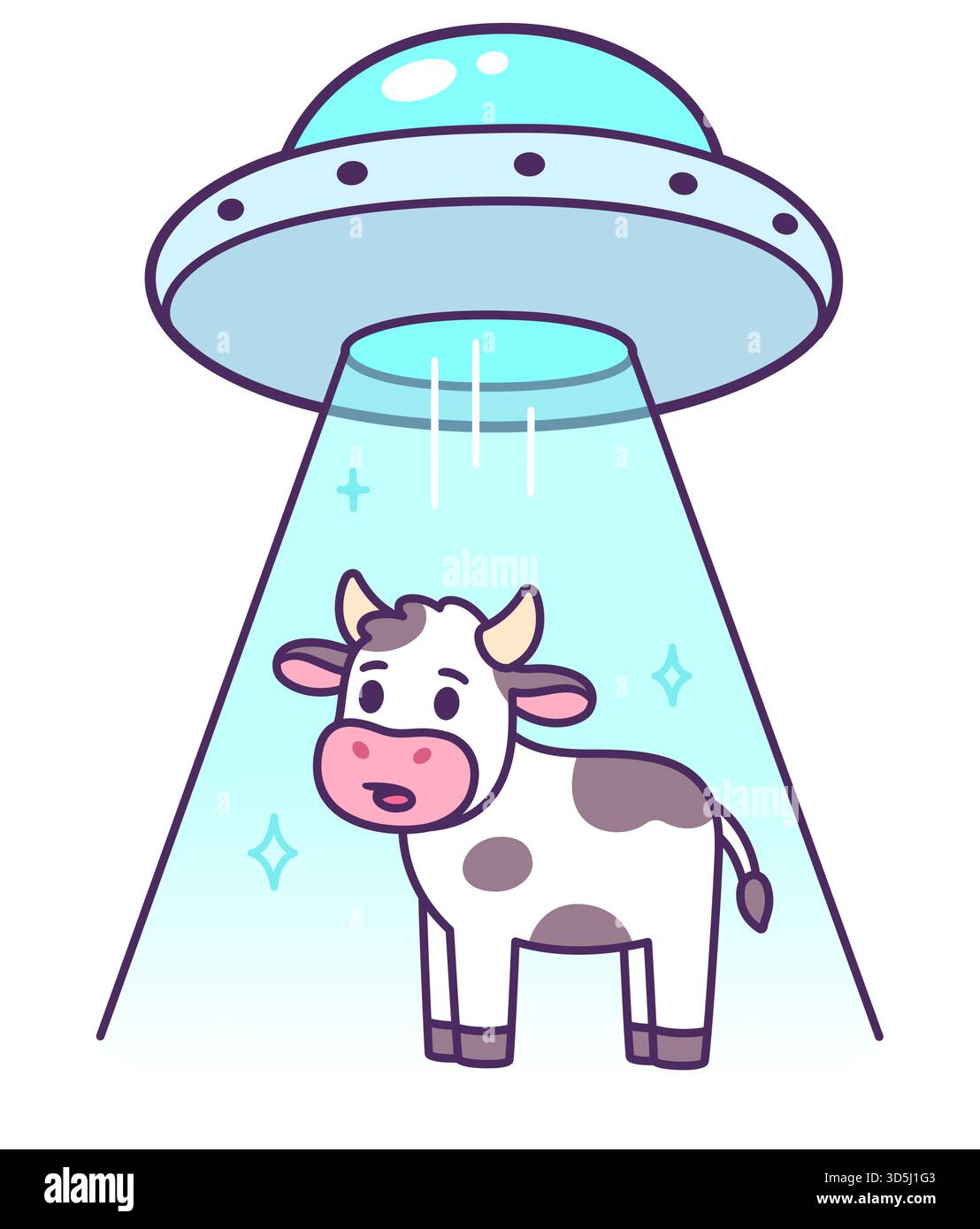 Aliens auf fliegenden Untertassen entführen Kuh. Lustige Zeichentrick-UFO-Zeichnung, Vektor-Illustration. Stock Vektor