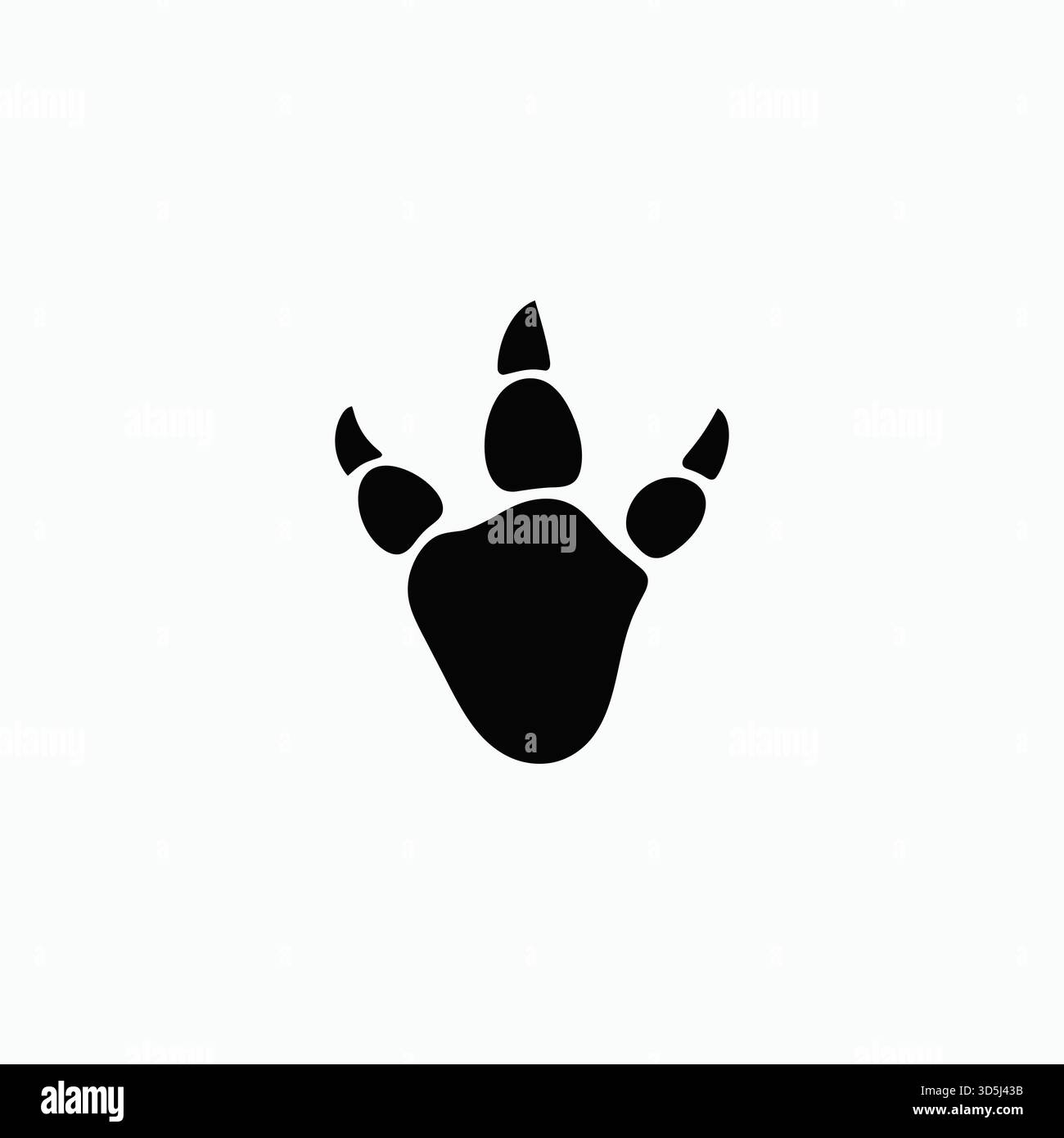 Die schwarze Silhouette eines dreizehigen Dinosauriers ist auf einem sauberen weißen Hintergrund zentriert. Der Eindruck zeigt deutliche Krallenspuren. Stock Vektor