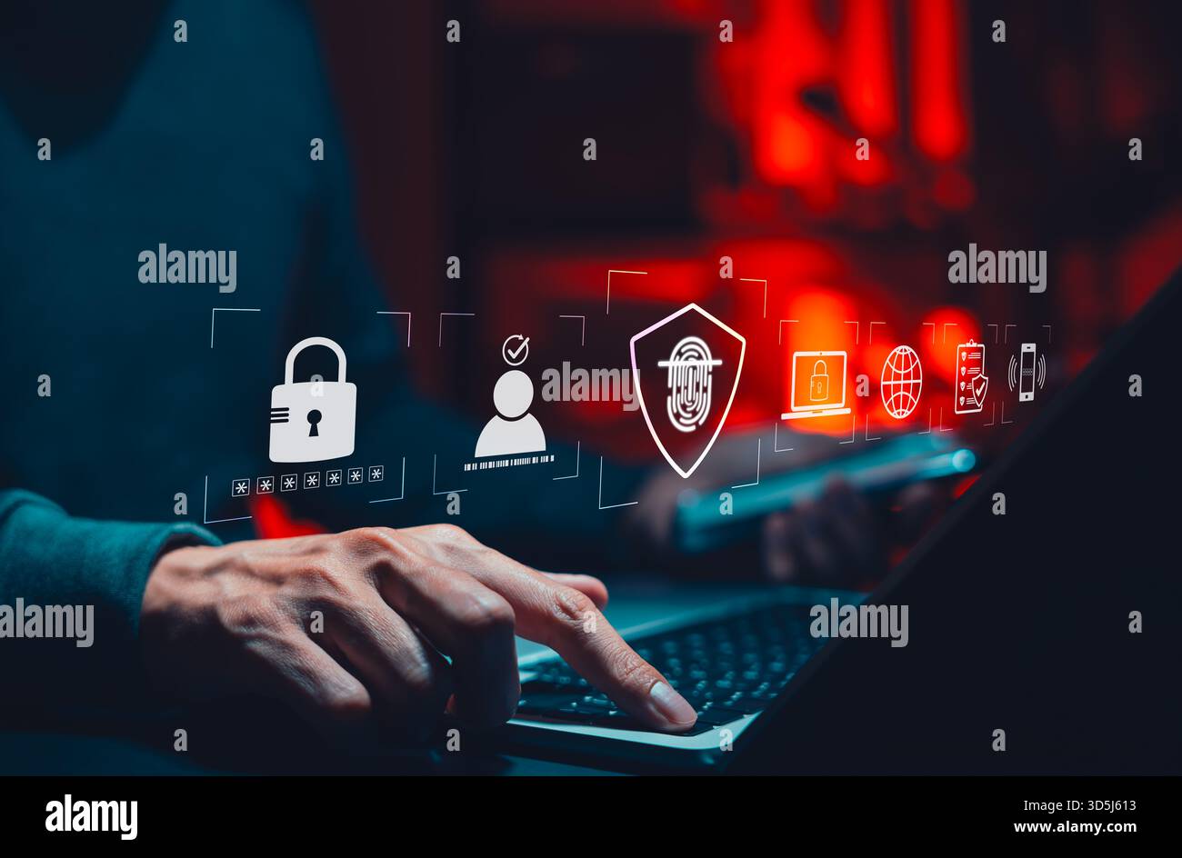 Cybersicherheit und Identitätsschutz. Benutzer, der auf das digitale System zugreift, mit Symbolen wie Kennwort, Fingerabdruck, Sperre, biometrische Authentifizierung, Symb Stockfoto