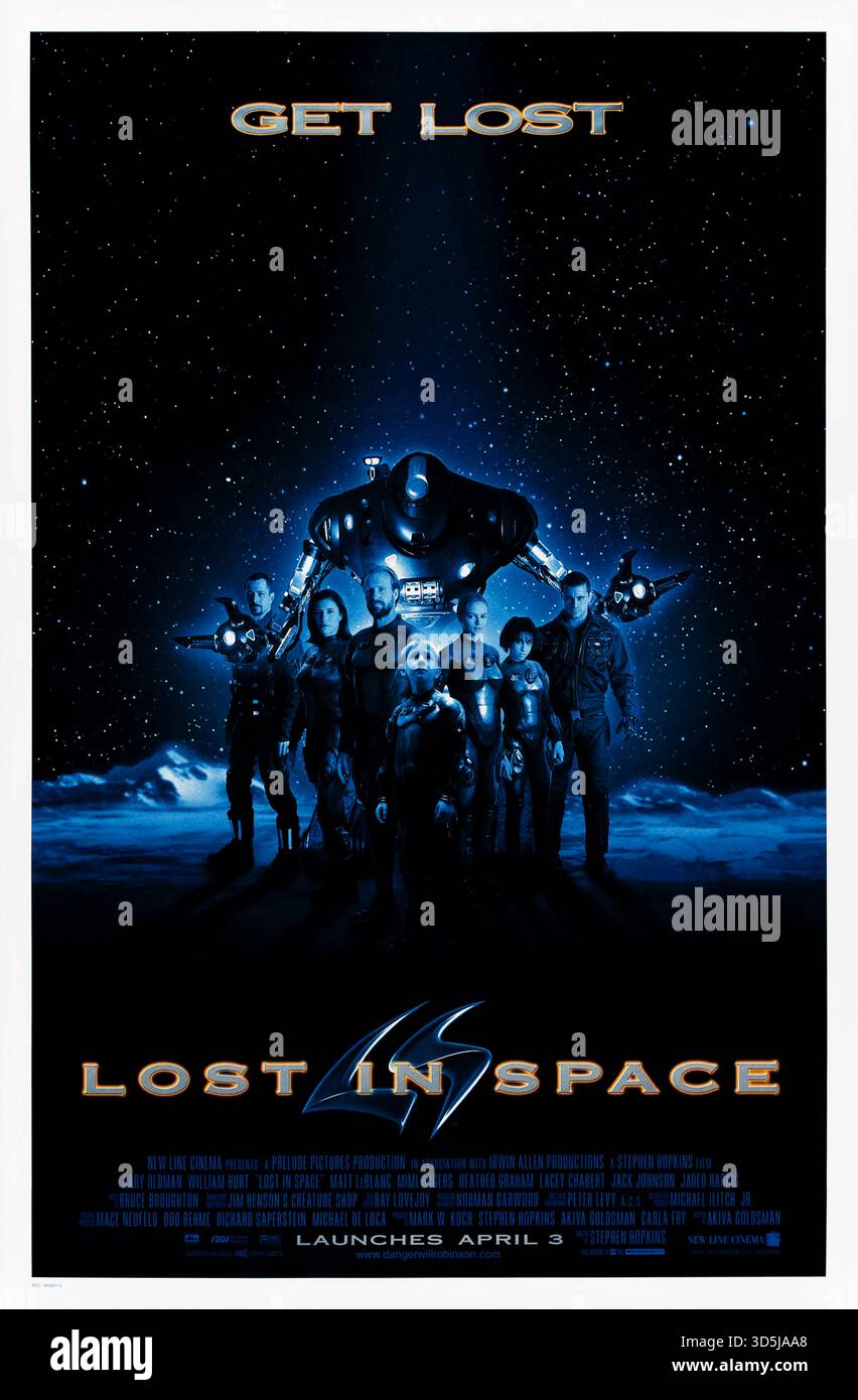 Lost in Space (1998) von Stephen Hopkins mit William Hurt, Mimi Rogers und Matt LeBlanc. Eine amerikanische Familie ist weit von der Erde entfernt und muss zusammenarbeiten, um außergewöhnliche Bedrohungen im Weltraum zu überwinden. Foto eines Original-Posters aus dem Jahr 1998 (USA), das NUR FÜR REDAKTIONELLE ZWECKE VERWENDET WIRD. Beschreibung: BFA / New Line Cinema Stockfoto