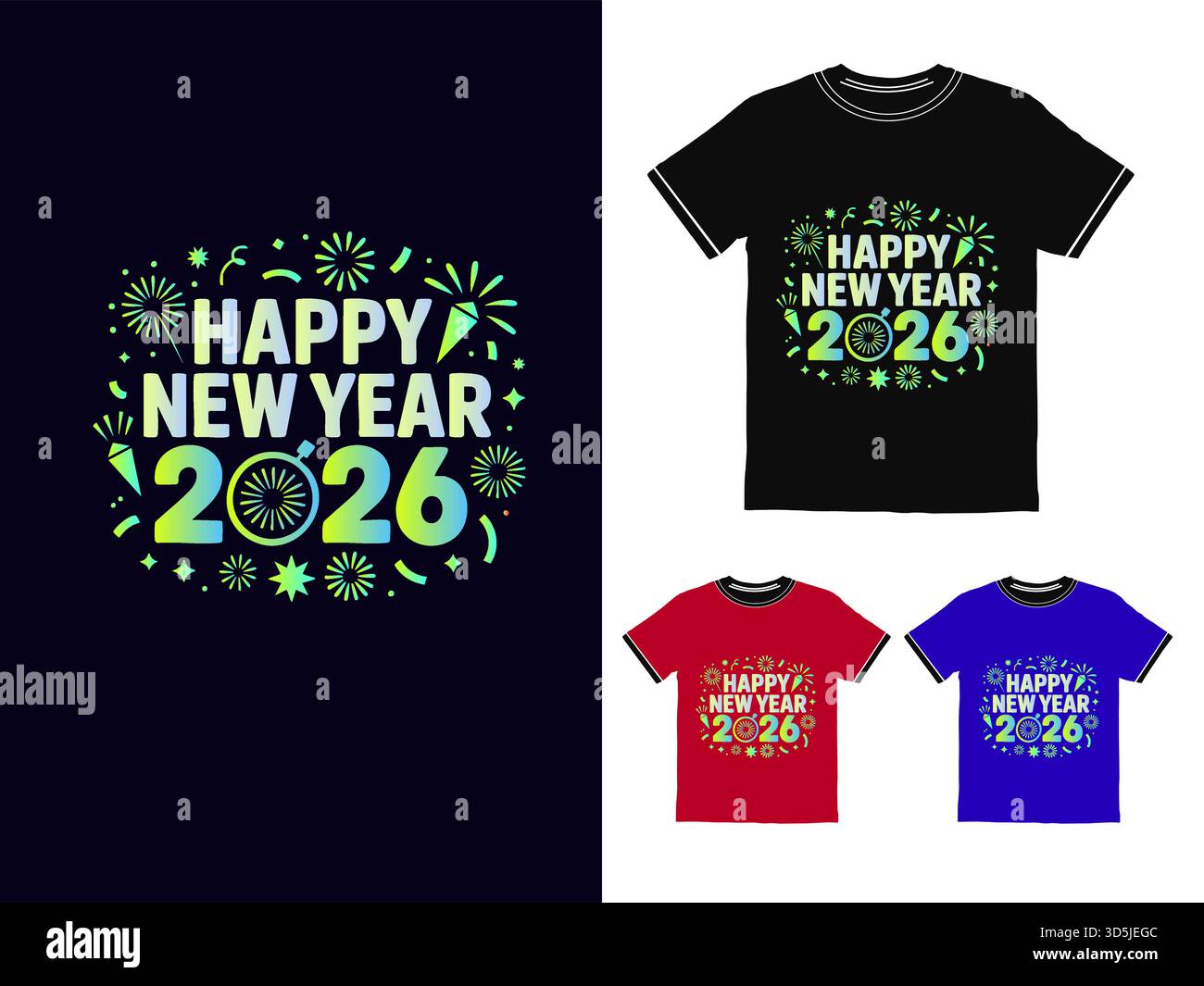 Festliches Happy New Year 2026 farbenfrohes Design für Bekleidung und Merchandise Stock Vektor