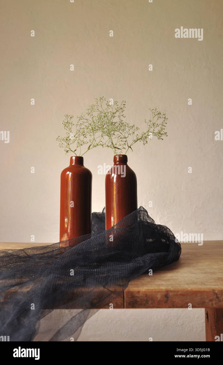 Authentische rustikale Inneneinrichtung. Holztisch, braun glasierte Tonflaschen, trockene Pflanzen, dekorativer durchscheinender Stoff, Mesh, verputzte Wände Stockfoto