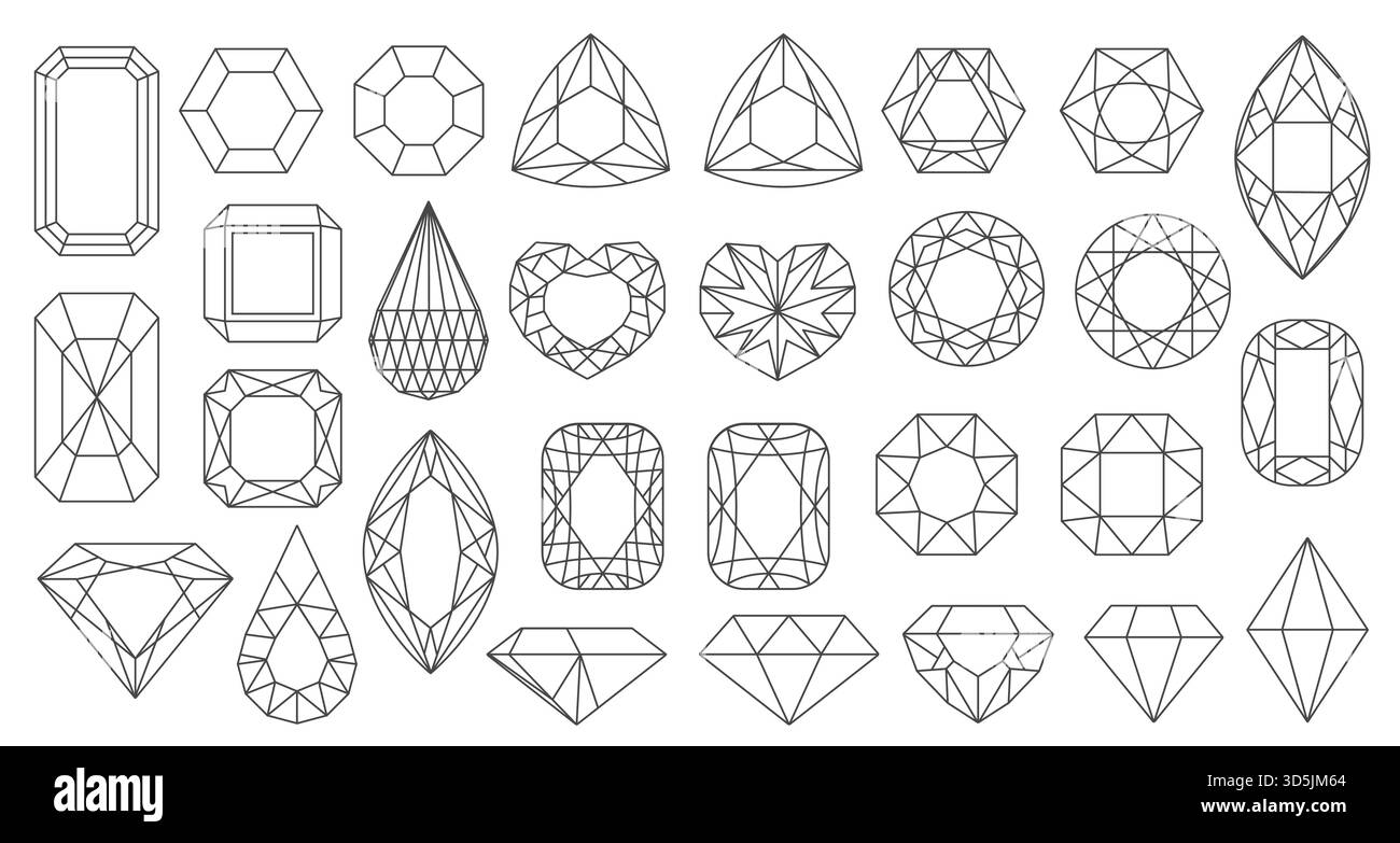 Sammlung verschiedener Diamant- und Edelsteinlinien-Doodle-Formen, einschließlich Herzen, ovalen, runden und geometrischen Schnitten, isoliert auf weißem Hintergrund Vektorillustration Stock Vektor