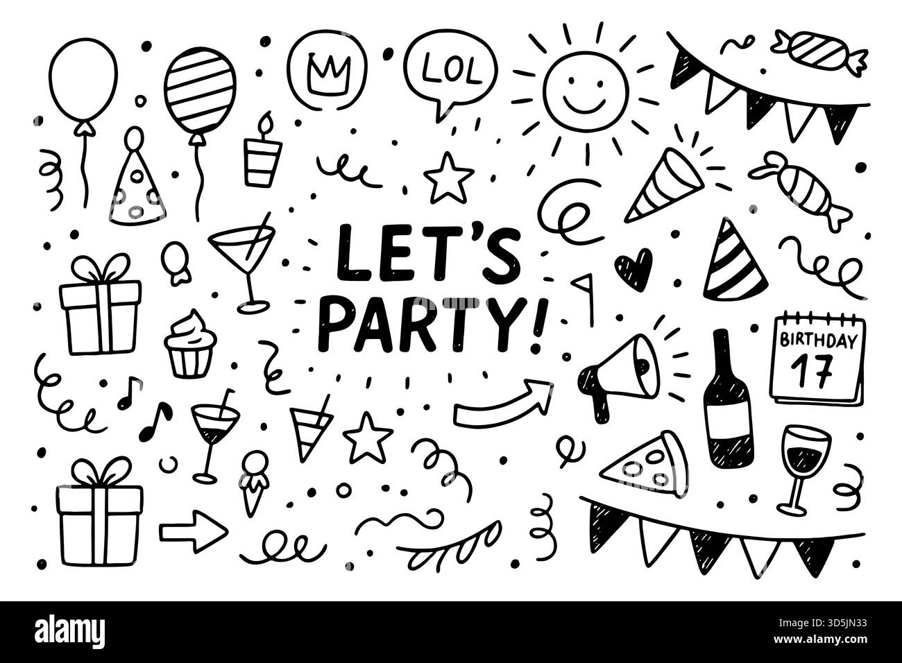 Lustige Party Doodle Set mit Ballons, Geschenken, Hüten, Konfetti, Essen, Getränke und festliche Symbole für Einladungen, Flyer oder Poster isoliert auf weißem Hintergrund Vektorillustration Stock Vektor