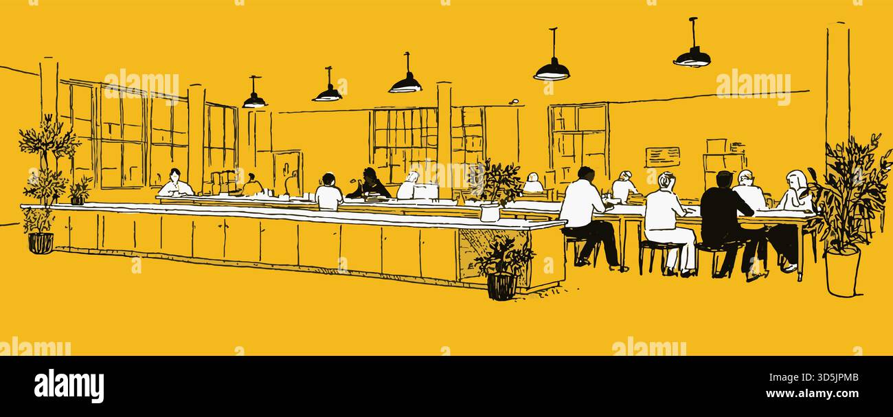 Eine Gruppe von Leuten sitzt an Tischen in einem großen Raum. Das Zimmer ist gelb und hat viel Licht. Die Menschen arbeiten Stock Vektor