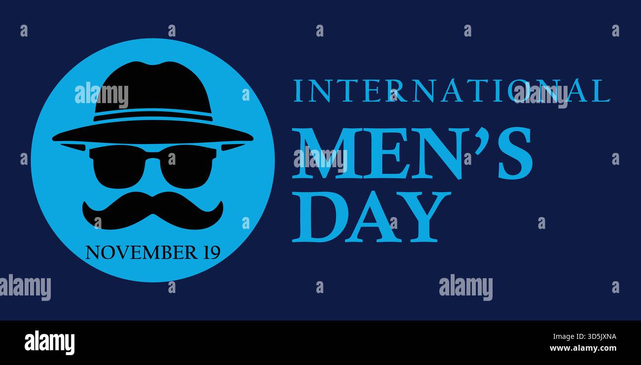 Dunkelblaues Poster zum internationalen Herrentag mit Hut, Brille, Schnurrbart-Ikone und kreisförmigem Emblem Stock Vektor