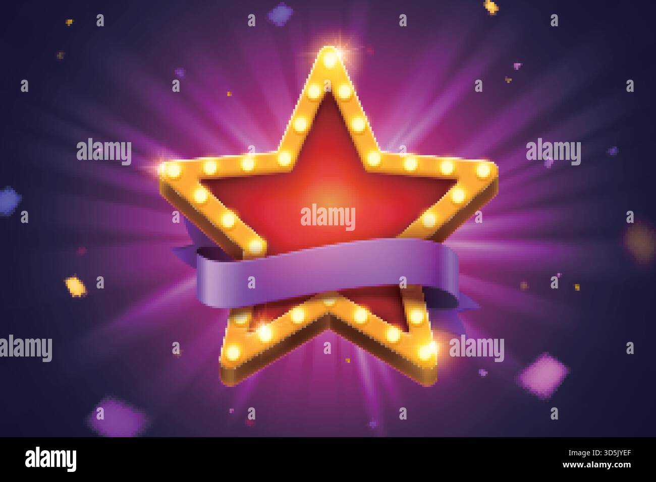 Retro-markierte helle Sterndekoration mit violettem Band und fliegenden Konfetti, Spiel- oder Website-Elementen Stock Vektor