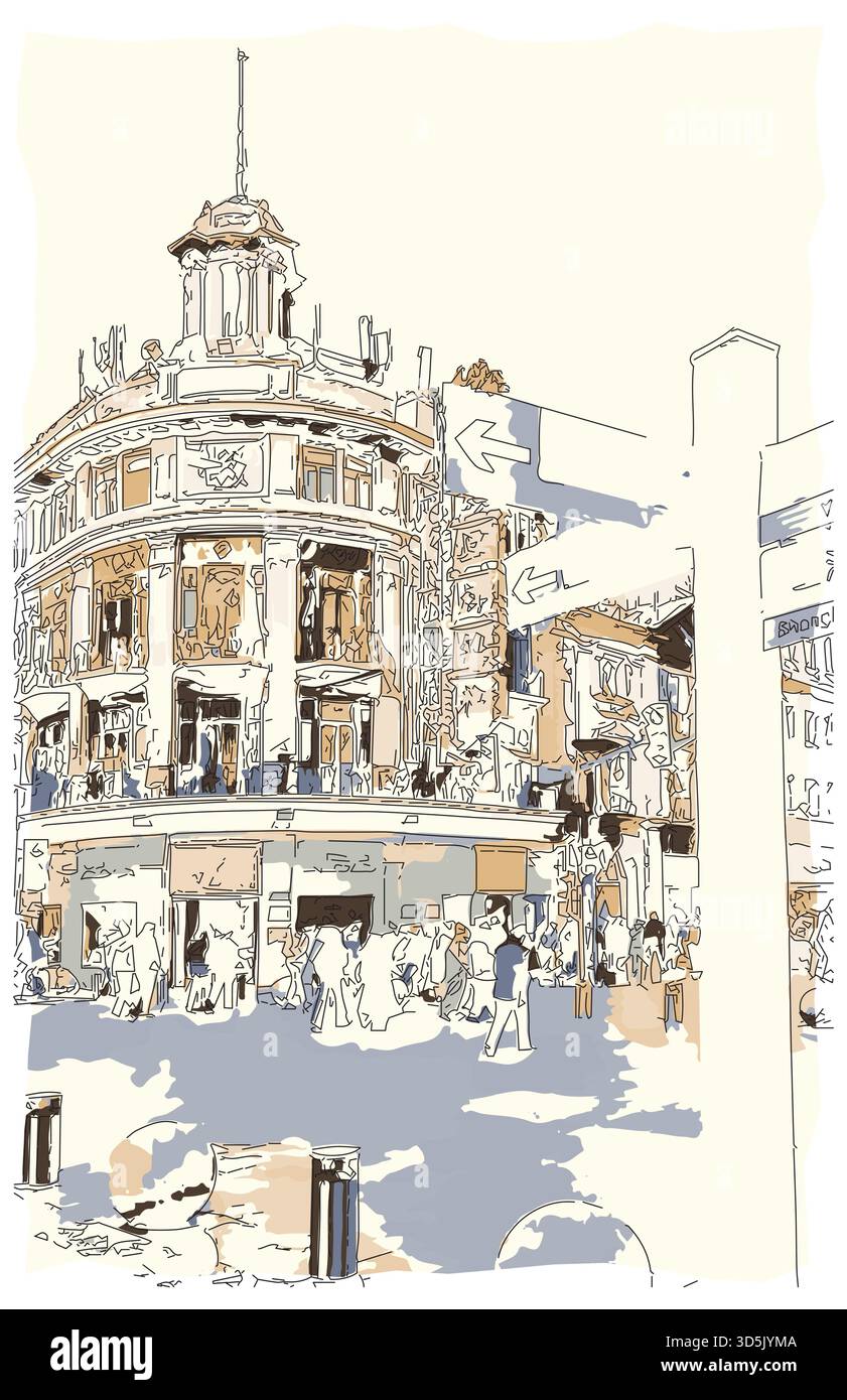 Impressionistische Malerei im Skizzenstil, Straßenszene in der Altstadt von Shanghai, digitales Illustrationsvektorbild Stock Vektor