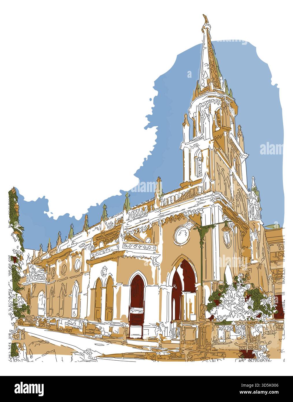 Impressionistische Malerei im Skizzenstil, christliche Kirche, Heilige Rosenkranzkirche in Bangkok, Thailand, digitale Illustration Vektorbild Stock Vektor
