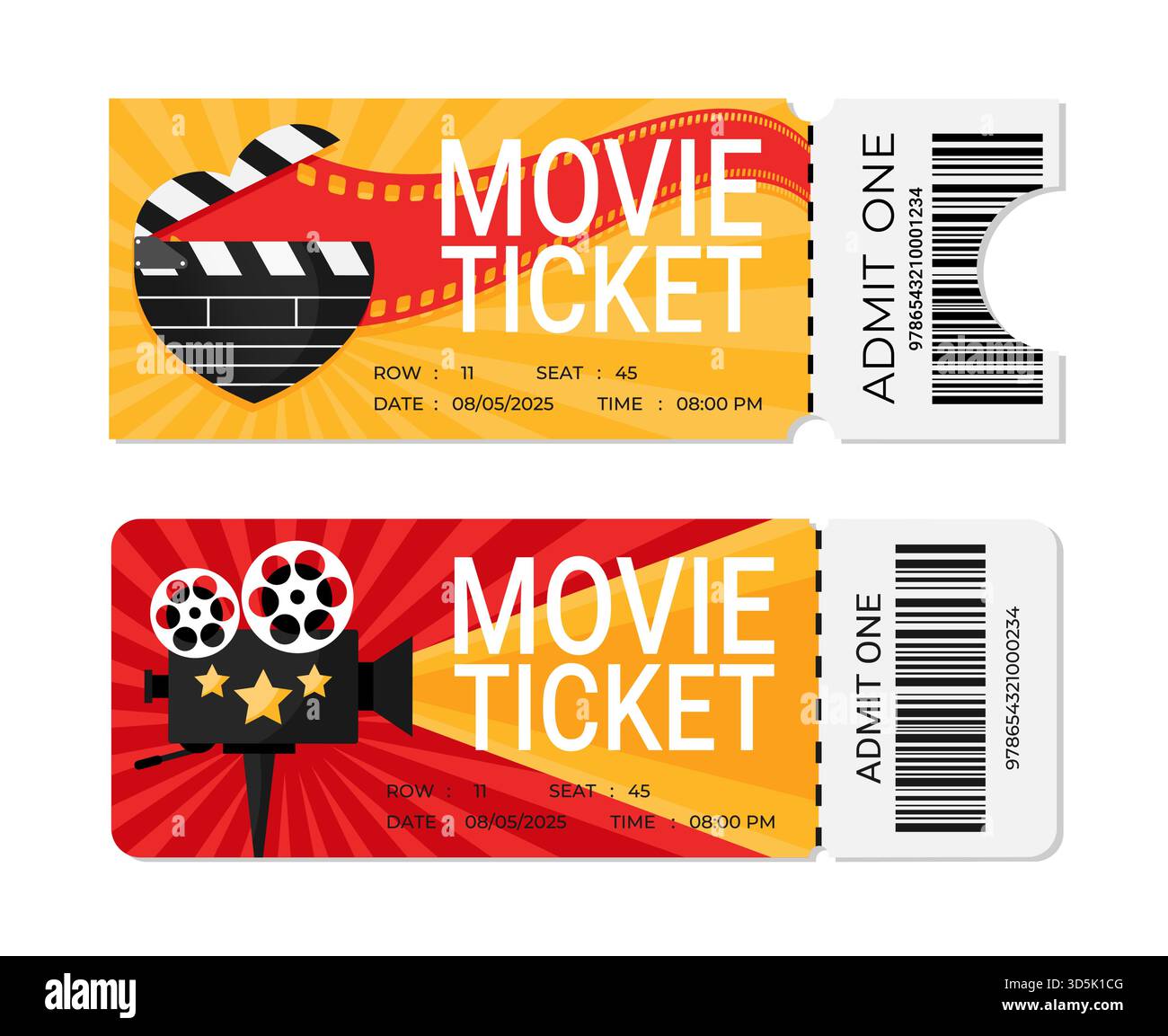 Helle Kinokarten mit herzförmiger Trennwand und Filmkamera. Kinokarten mit Barcode. Vektorabbildung Stock Vektor