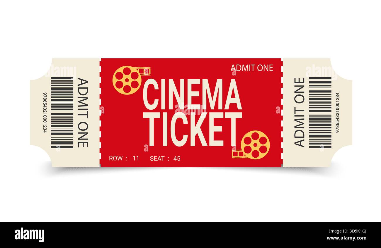 Minimalistisches Kinokarten-Design mit Filmrollen-Silhouette. Kinokarten mit Barcode. Vektorabbildung Stock Vektor