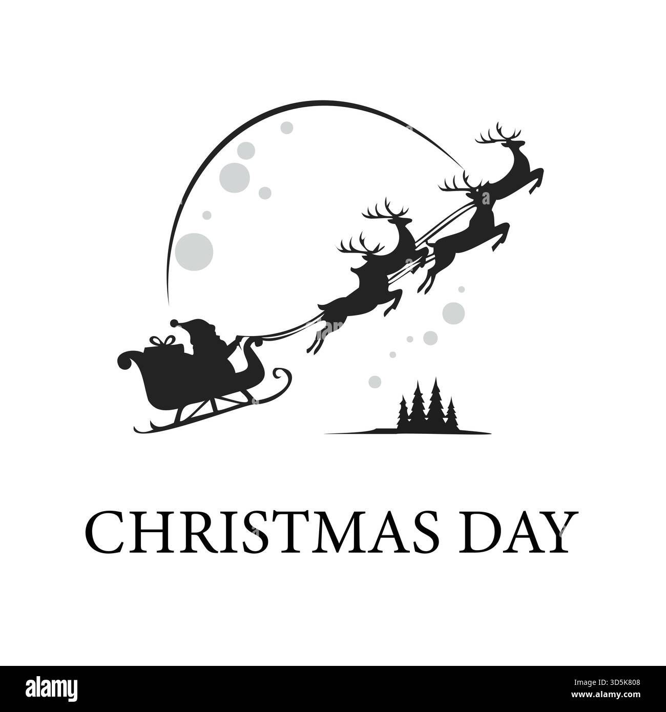 Silhouette des Weihnachtsmanns in einem Schlitten gezogen von Rentieren gegen einen großen Mond am Weihnachtstag, Vektor-Illustration Stock Vektor