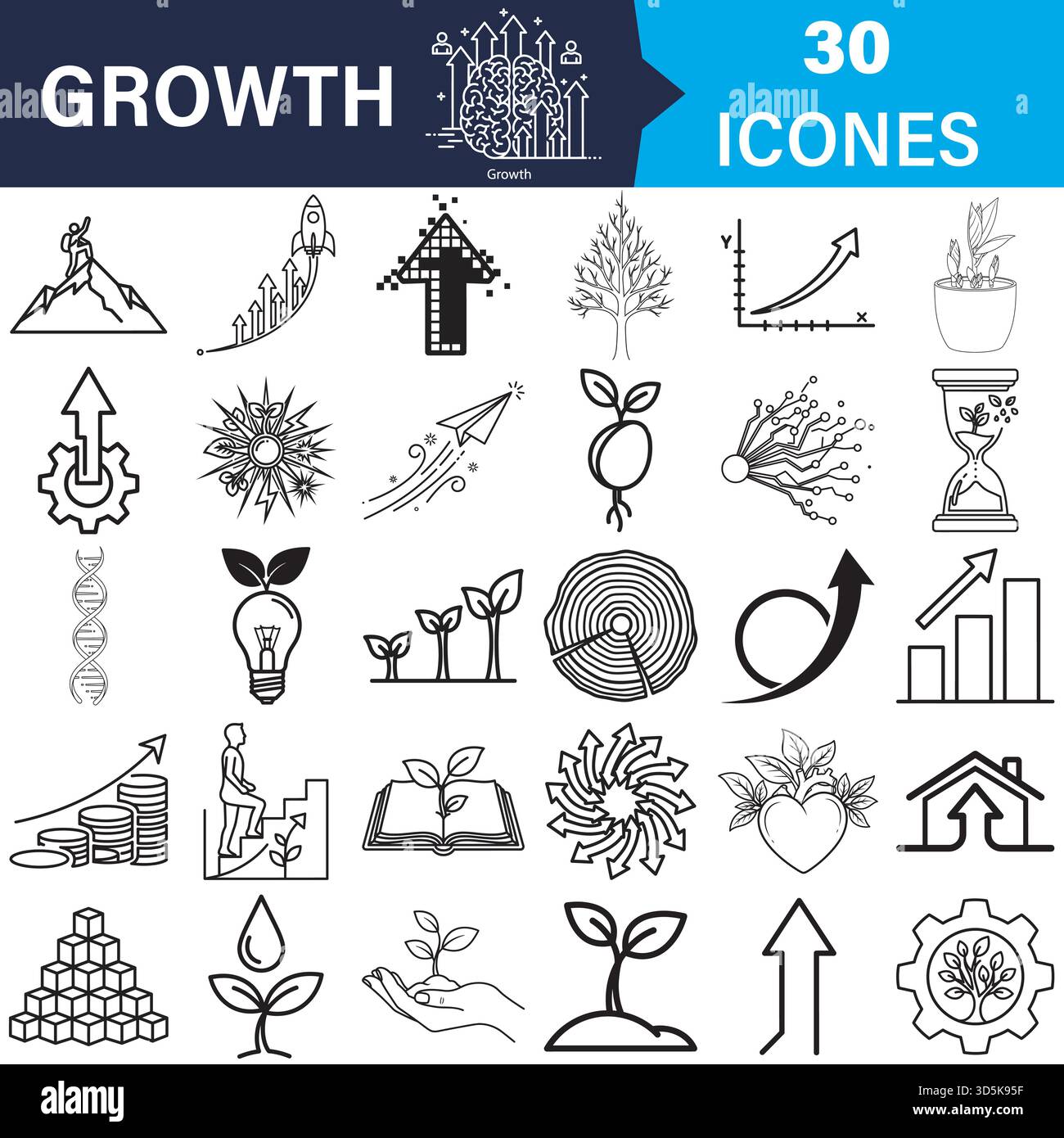 Wachstumssymbole: Unternehmen, Natur, persönliche Entwicklung, technischer Vektor Stock Vektor