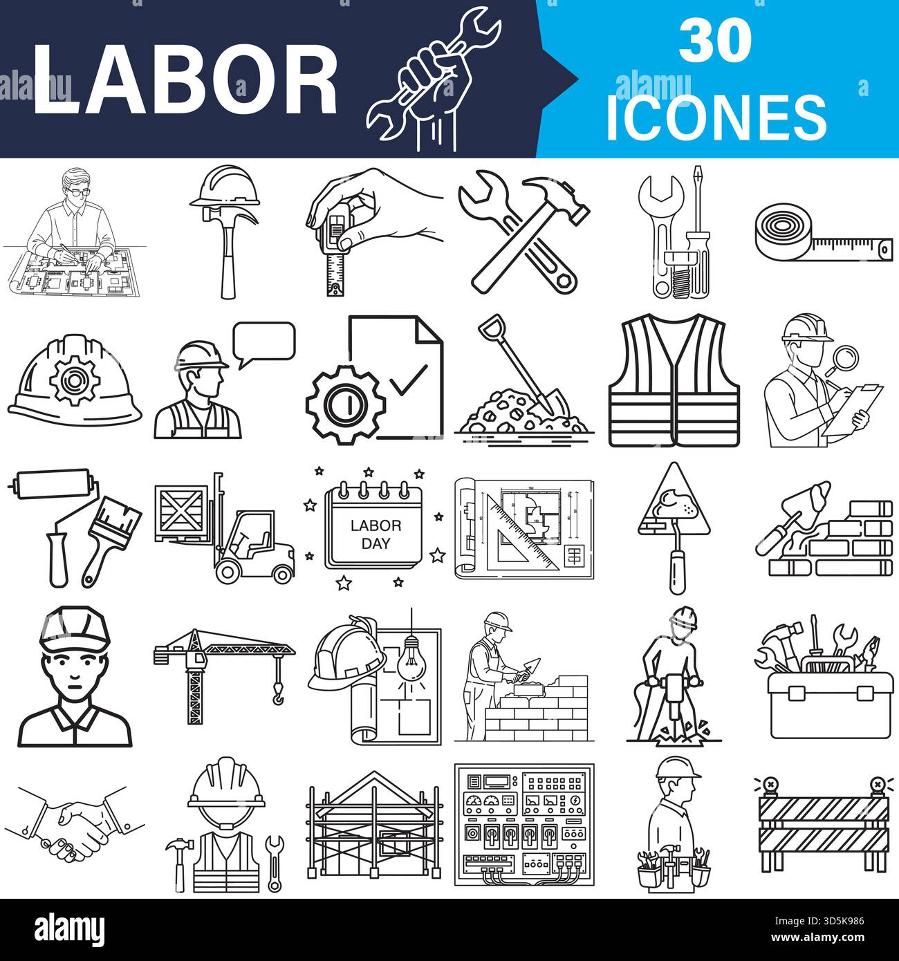 Bau- und Arbeitstag-Vektor-Symbole Set für Industriearbeiter Vektor Stock Vektor