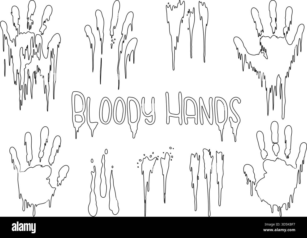 Lineare Umrisse aus Horror-blutigen Händen und Tropfen. Minimalistisches Vektordesign Stock Vektor