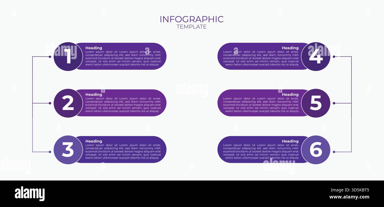 Moderne Infografik-Vorlage in sechs Schritten mit violetten Verlaufselementen, abgerundeten Formen und übersichtlichem Layout für Geschäftsprozesse, Zeitpläne, Präsentationen, Stock Vektor