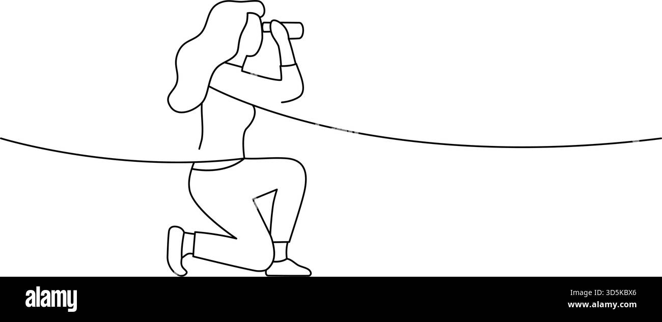 Minimalistische Linienkunst einer knienden Frau, die durch ein Fernglas schaut. Einfaches Konzept für Such-, Discovery- und Explorationsthemen Stock Vektor