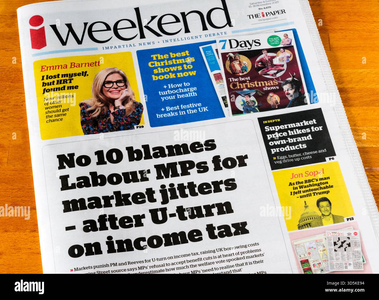 15-16. November 2025. Auf der Titelseite des i-Wochenendes steht Nr. 10, die Labour-Abgeordneten für Marktschwankungen verantwortlich macht - nach einer Kehrtwende bei der Einkommensteuer. Stockfoto