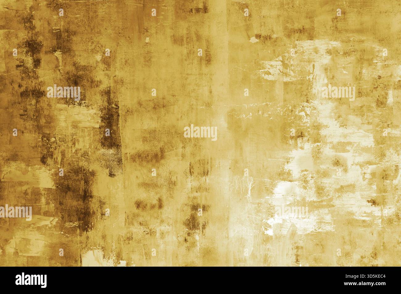 Abstrakter gelber gemalter Texturhintergrund mit rauen Pinselstrichen, verschiedenen Farbschattierungen und Flecken und Grunge-Oberflächeneffekt. Moderne Kulisse, W Stockfoto