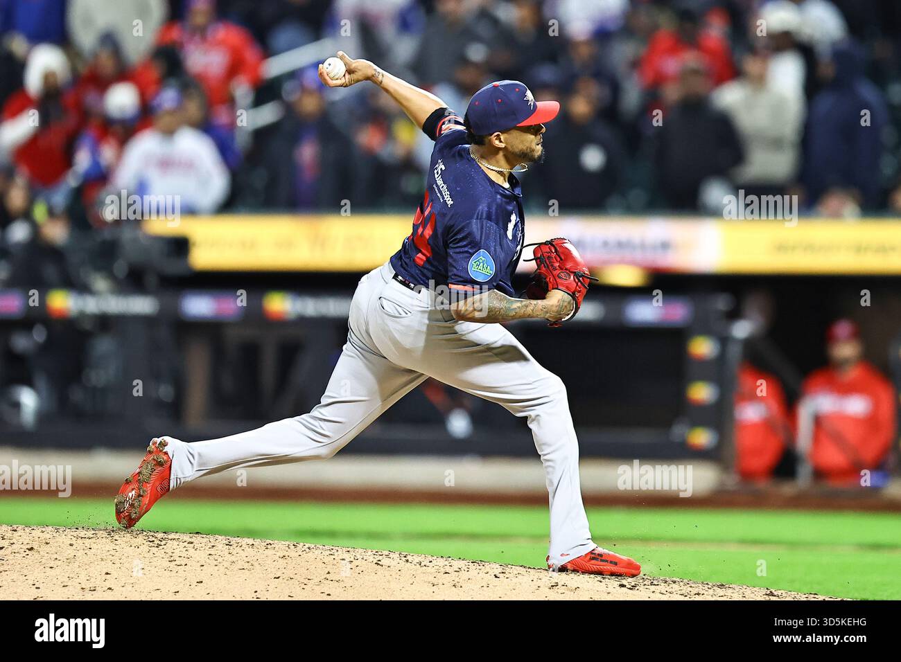 Der Relief Pitcher Fernando Abad (24) wirft während des neunten Inning des Baseballspiels gegen Puerto Rico im Citi Field in Corona, N.Y., Samstag, 15. November 2025. (Foto: Gordon Donovan) Stockfoto