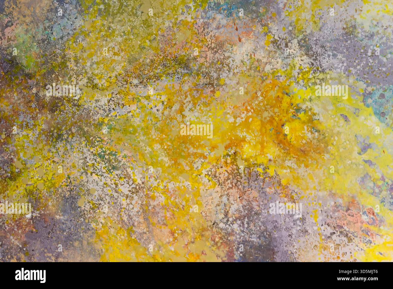 Abstrakter expressionistischer Hintergrund, helle Flecken in Gelb, Lila, Grün und Orange, dynamische Striche, strukturierte Oberfläche Stockfoto