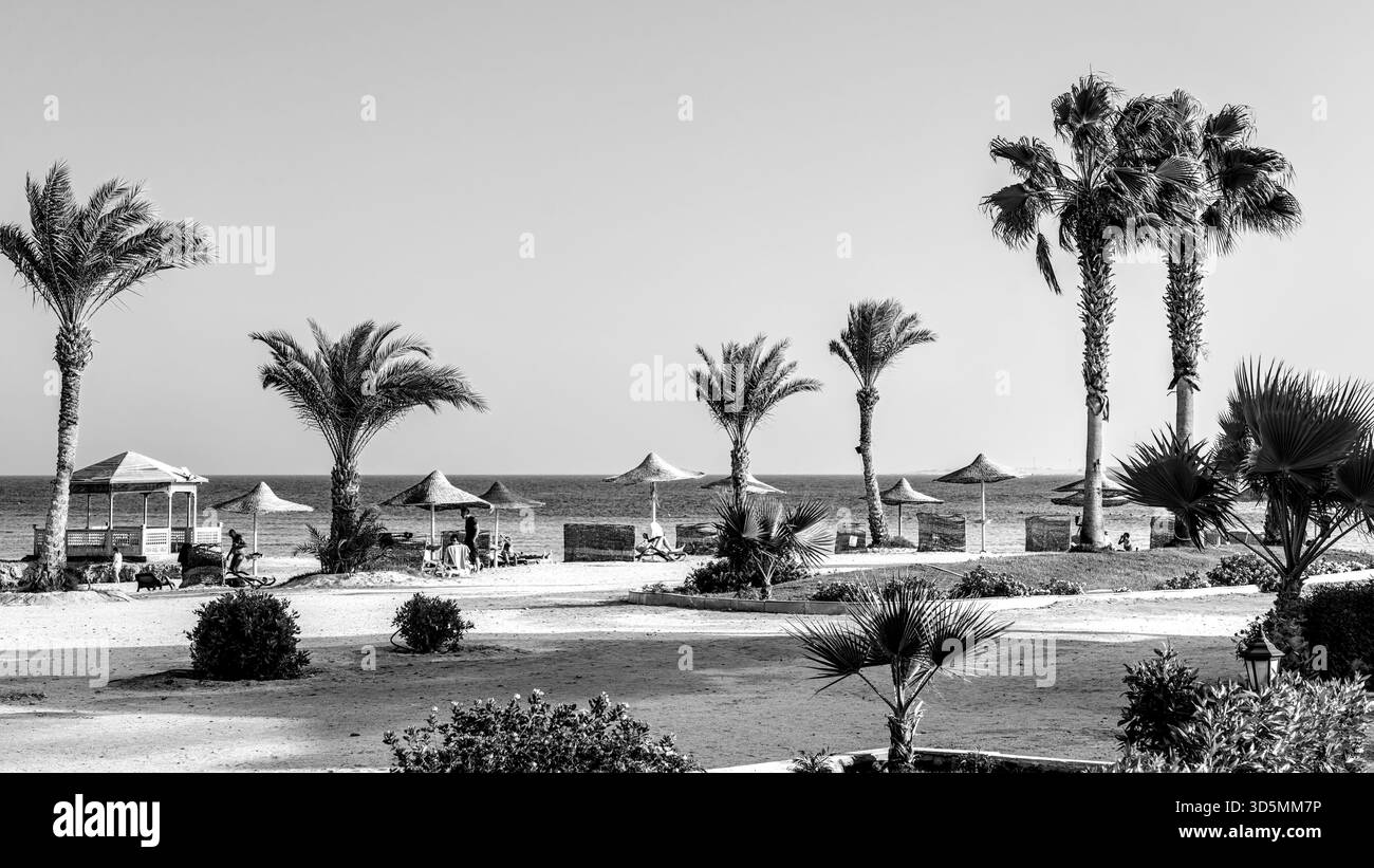 Ein Schwarzweiß-Blick auf einen Hotelstrand in Ägypten zeigt eine ruhige, organisierte Küste mit übersichtlichen Hoteleinrichtungen. Die monochromen Töne sind emphasi Stockfoto