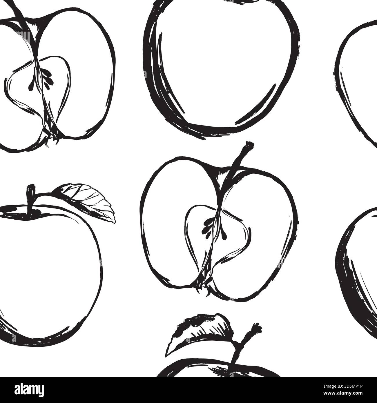 Illustrieren Sie geschnittene Früchte im rustikalen Stil, entwickeln Sie Kunstwerke mit Obstplantagen und saisonaler Ernte für Verpackungen und Rezepte, Schwarz-weiß-Vektor-handgezeichnetes nahtloses Muster im Line-Art-Stil. Stock Vektor