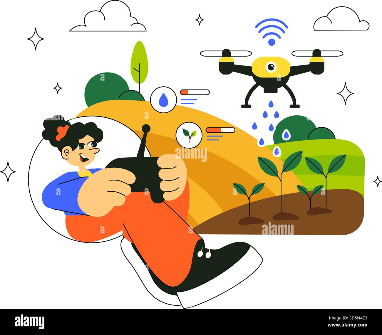 Smart Drone Farming Technology Vektor-Illustration eines Landwirts, der seinen Industriebetrieb mit einem Tablet in einem flachen Hintergrund verwaltet Stock Vektor