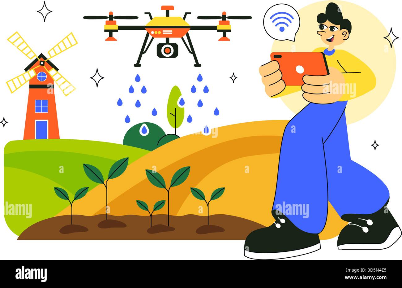 Smart Drone Farming Technology Vektor-Illustration eines Landwirts, der seinen Industriebetrieb mit einem Tablet in einem flachen Hintergrund verwaltet Stock Vektor