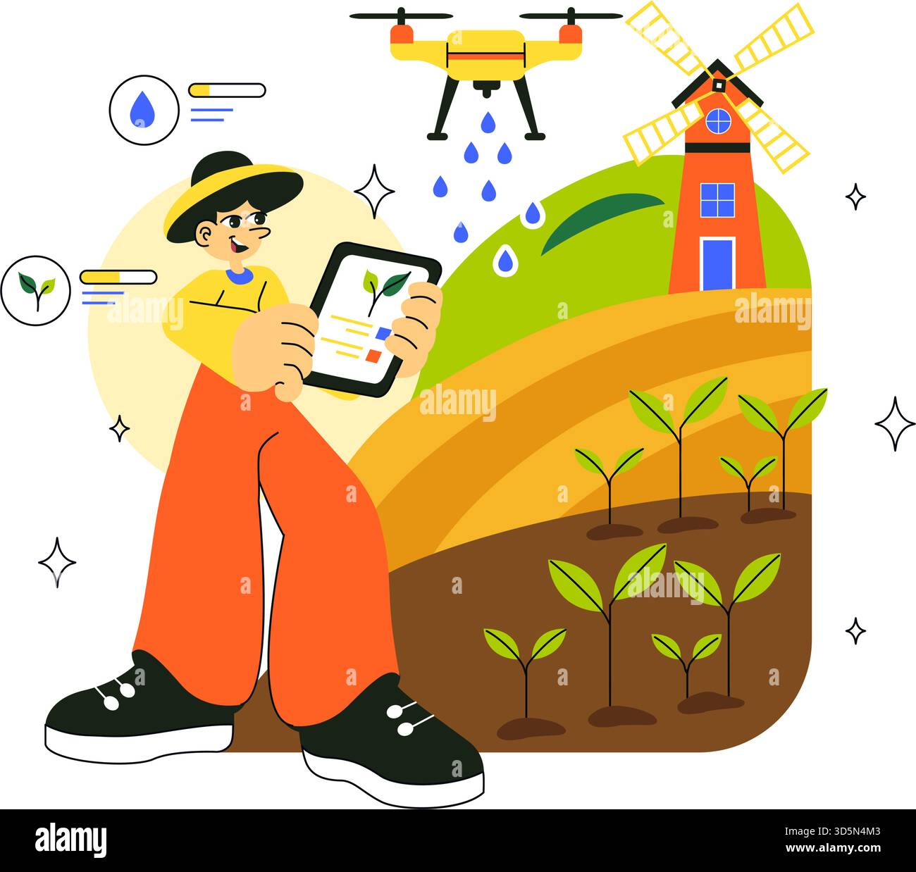 Smart Drone Farming Technology Vektor-Illustration eines Landwirts, der seinen Industriebetrieb mit einem Tablet in einem flachen Hintergrund verwaltet Stock Vektor