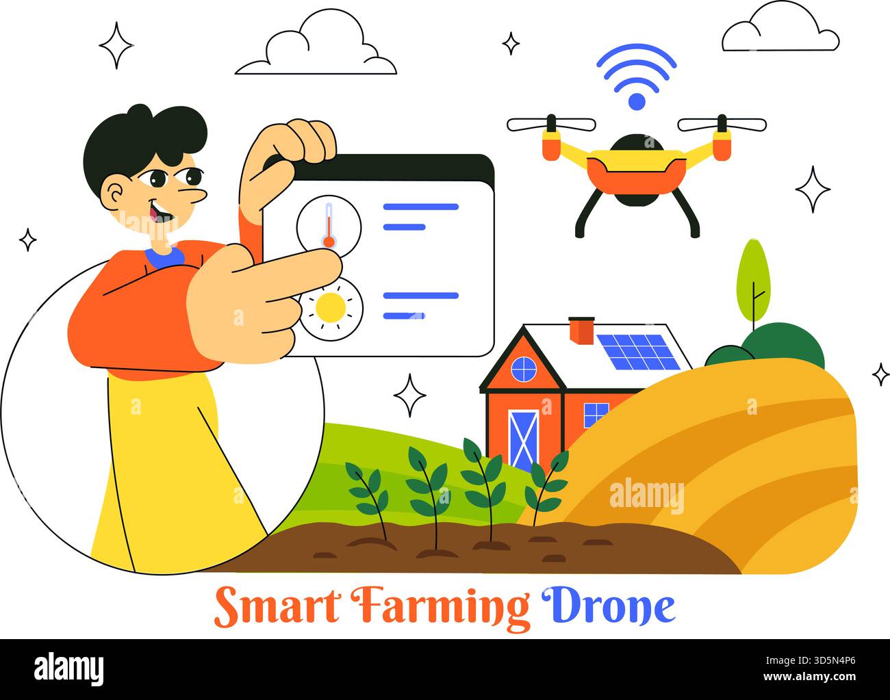 Smart Drone Farming Technology Vektor-Illustration eines Landwirts, der seinen Industriebetrieb mit einem Tablet in einem flachen Hintergrund verwaltet Stock Vektor