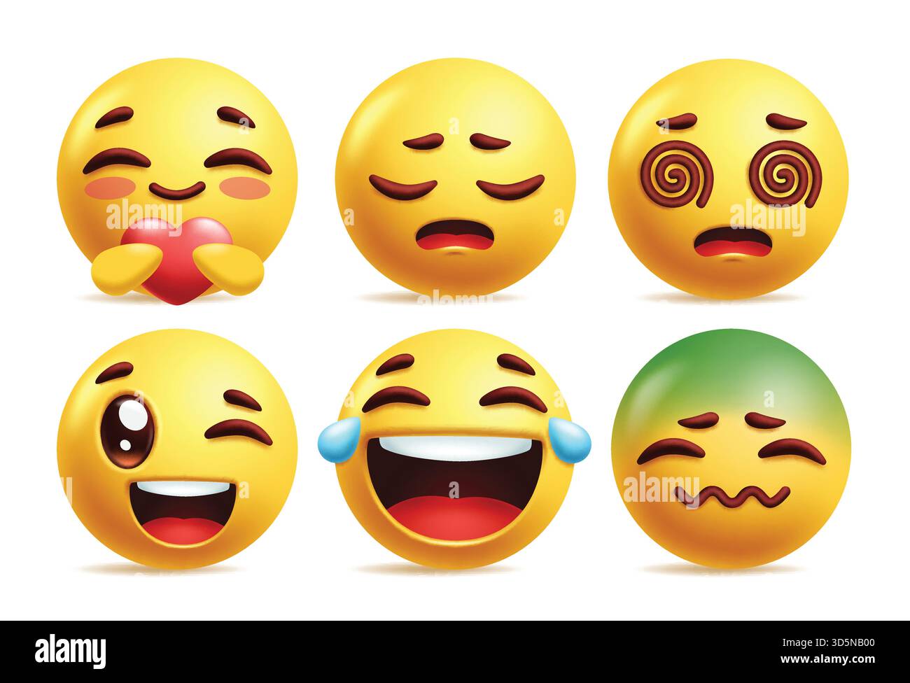 Emoji Schwindel Emoticon Charakter Clipart Set. Gelbes Emojis-Symbol wie in der Liebe, müde, schwindelig, zwinkernd, fröhlich lachend und schweigend ausdruckslos Stock Vektor