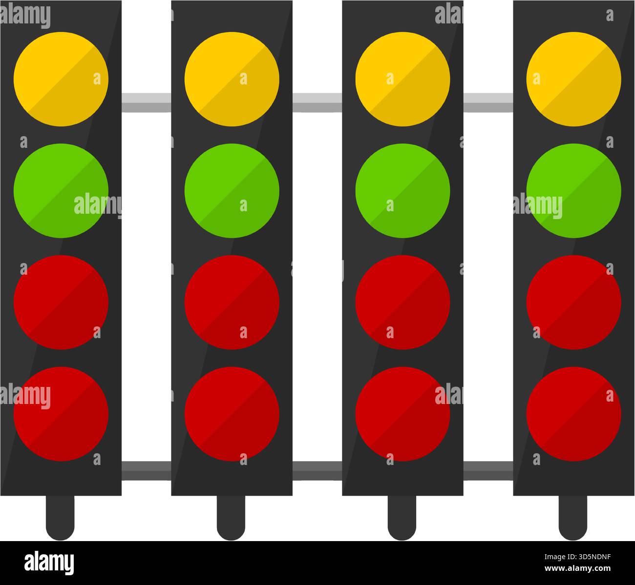 Bühnenbeleuchtung, sportliche Arena-Leuchten, Spotlights für Sportereignisse. Bunte Glühbirnen, gelb, grün und rot. Leuchtende Effekte für Match oder Compe Stock Vektor