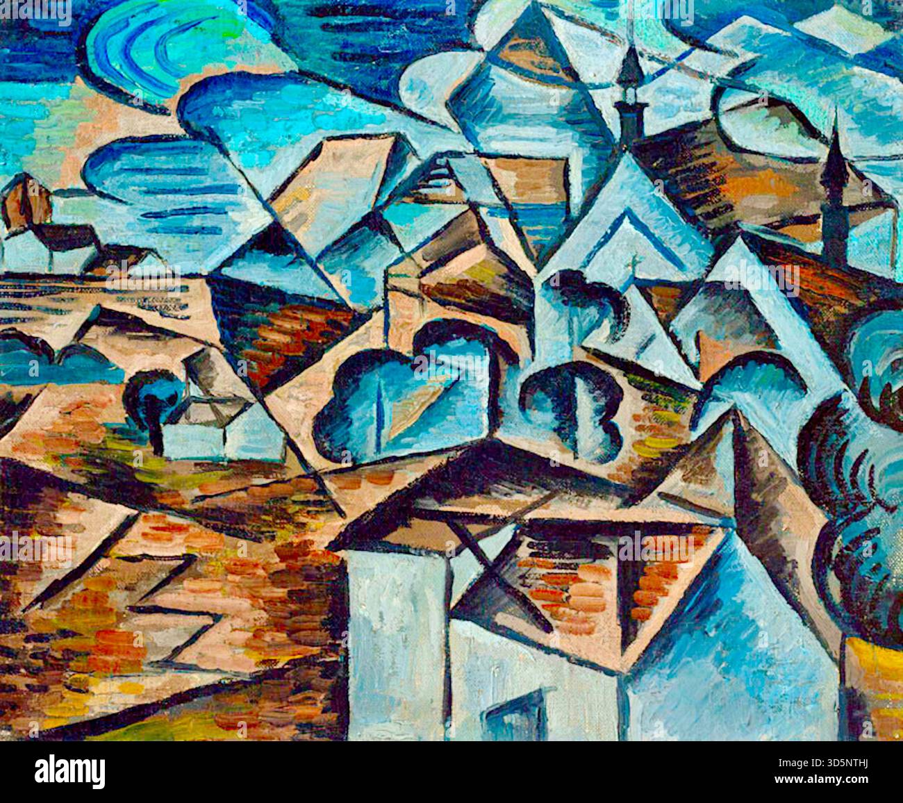 Bohumil Kubišta - Dorf 1911 - das Kunstwerk ist ein Beispiel für den tschechischen Kubismus, eine Bewegung, die kubistische Geometrie mit expressionistischen Farben und Themen vermischte. Kubišta war eine Schlüsselfigur der tschechischen Modern Art und Mitbegründer der Gruppe „Osma“ (die acht). Das Gemälde verwendet einen fragmentierten, geometrischen Stil, um eine Dorflandschaft mit lebendigen, nicht naturalistischen Farben darzustellen. Stockfoto