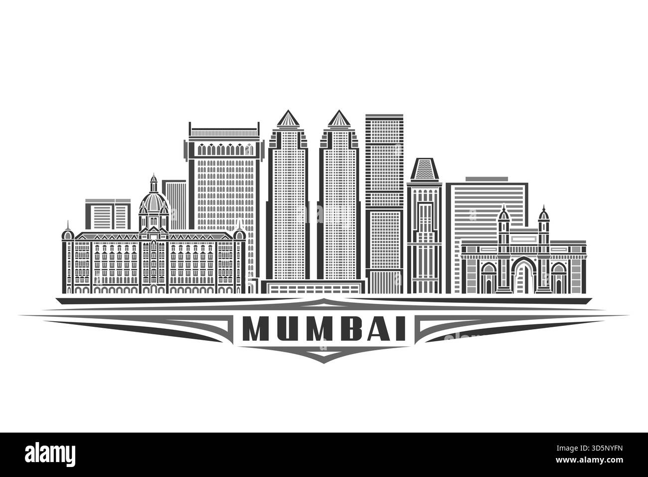 Vektor-Illustration von Mumbai, monochrome horizontale Karte mit linearem Design berühmte mumbai Stadtlandschaft, modernes urbanes Linienkunstkonzept mit dekorativem l Stock Vektor