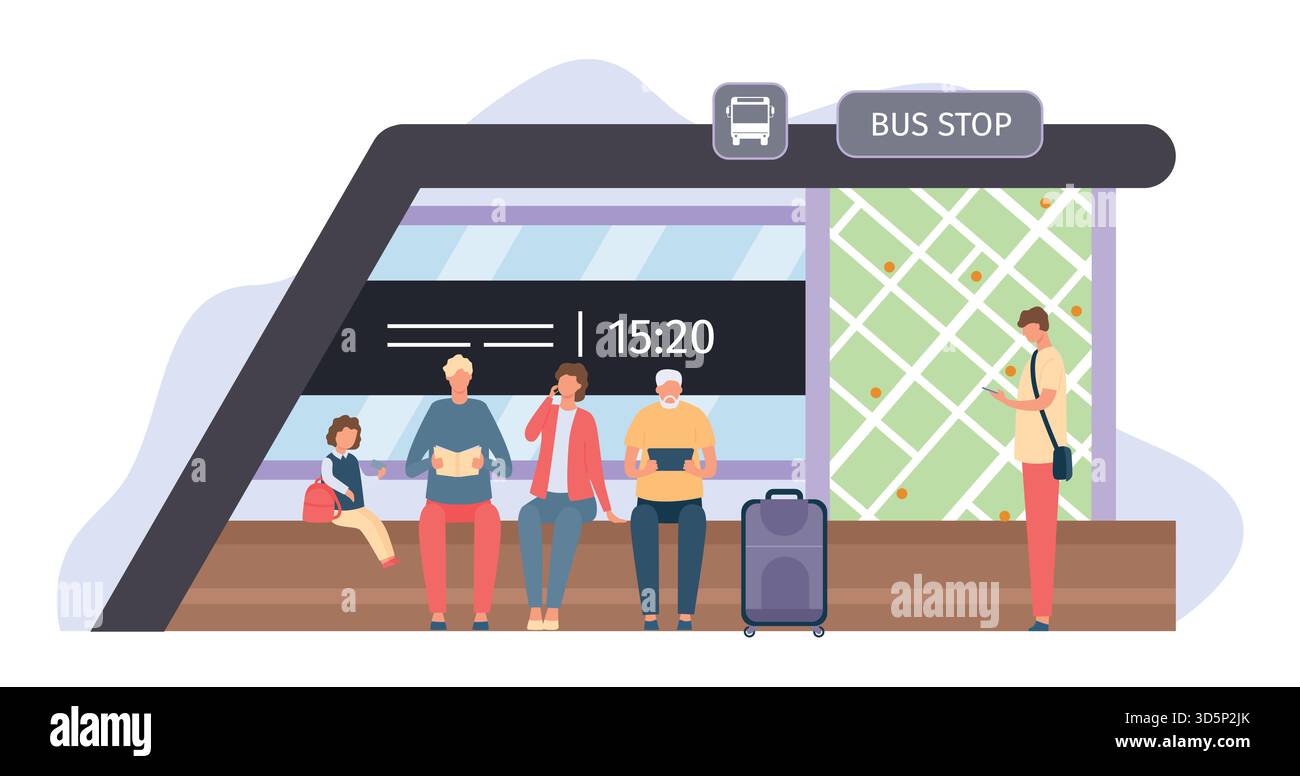 Leute, die an der Bushaltestelle warten. Weibliche und männliche Passagiere sitzen auf dem modernen Bahnhof. Mann, der in der Nähe der Routenkarte steht. Komfortables öffentliches Verkehrskonzept. M Stock Vektor