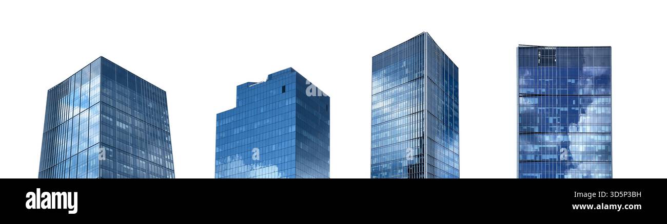 Moderne Wolkenkratzerarchitektur. Hoher Glasturm mit blau reflektierenden Fenstern und zeitgenössischem urbanem Design, Symbol für Finanzwachstum, Immobilien i Stockfoto