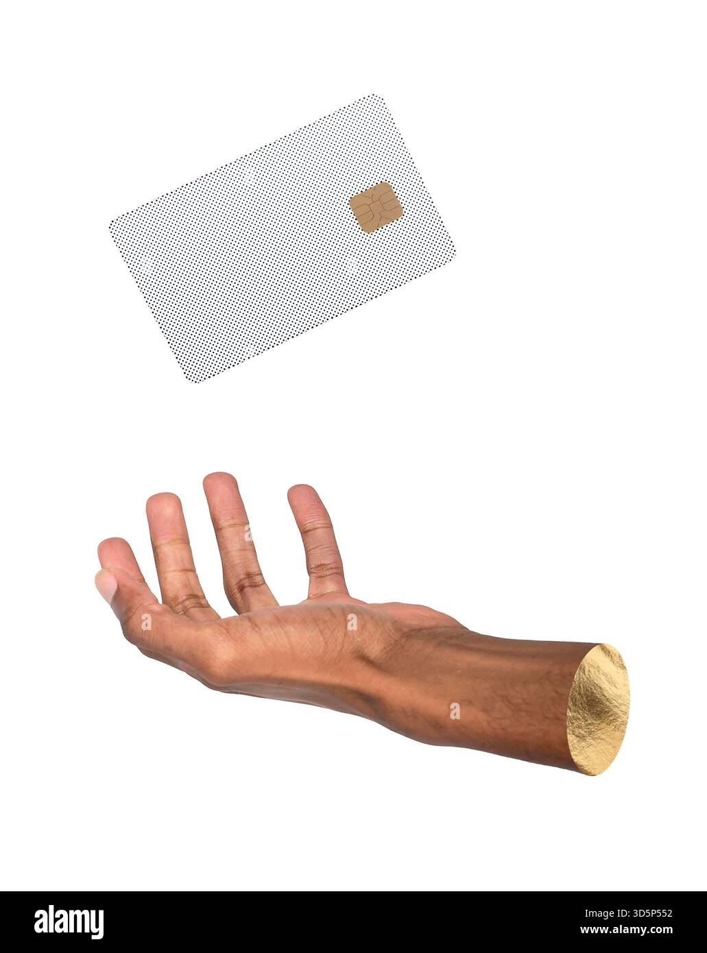 Die Hand reicht nach herunterfallender Kreditkarte mit goldenem Chip, Konzept der Finanzierung, digitale Zahlung und moderner Handel, minimale Komposition symbolisiert die Opferbereitschaft Stockfoto