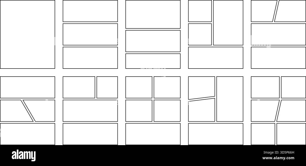 Comic-Panel-Set. Leere Vorlage für Manga-Collage. Bereich für Storyboard-Layout. Leerer Zeilenrahmen für Fotocollage. Comic-Brett-Mockup. Vektor Stock Vektor