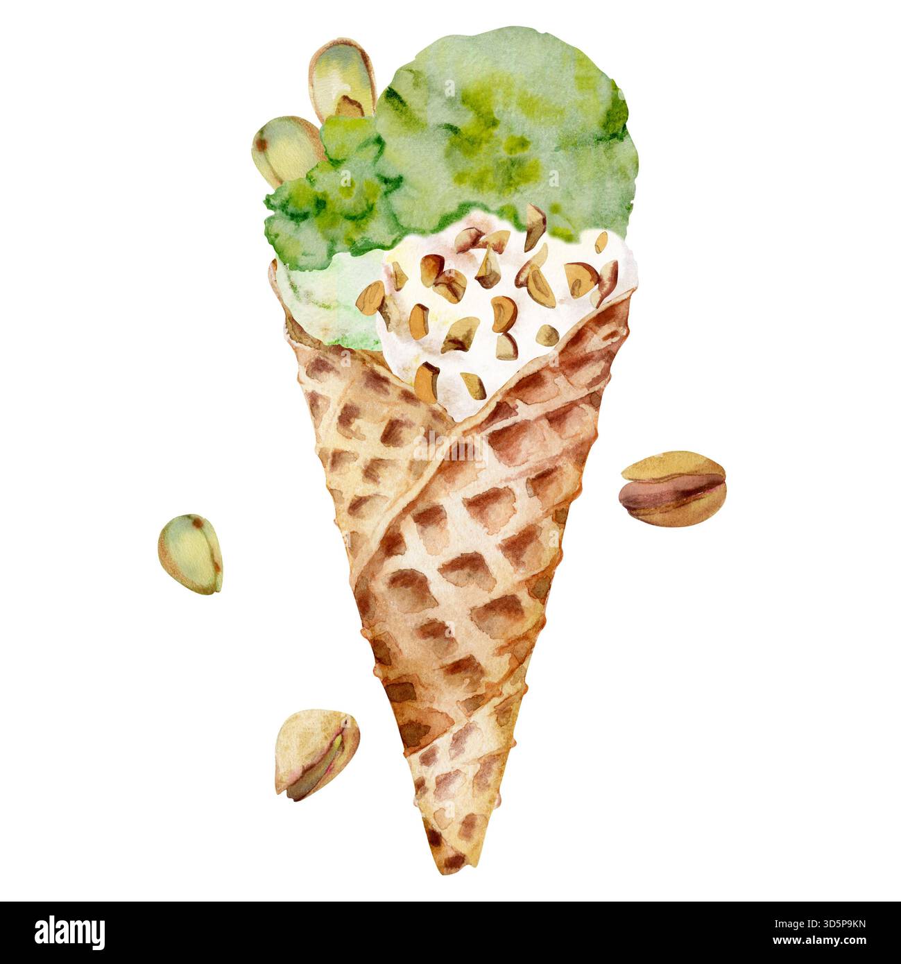 Pistazieneis-Eislöffel in Waffelkegel, bestreut mit zerquetschten Nüssen. Isolierte Illustration, handgezeichnet in Aquarell. Street Food Stockfoto