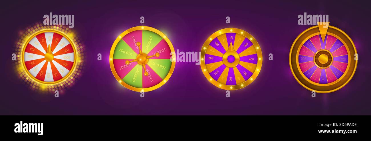 Casino-Glücksräder für Spin-Game-Design. Vektor-realistische Illustration von bunten Roulette mit Lichtern, Preisgewinnsektoren, Punktzahlen, Jackpot-Pfeil, Online-Glücksspiel-Website-ui-Elementen Stock Vektor