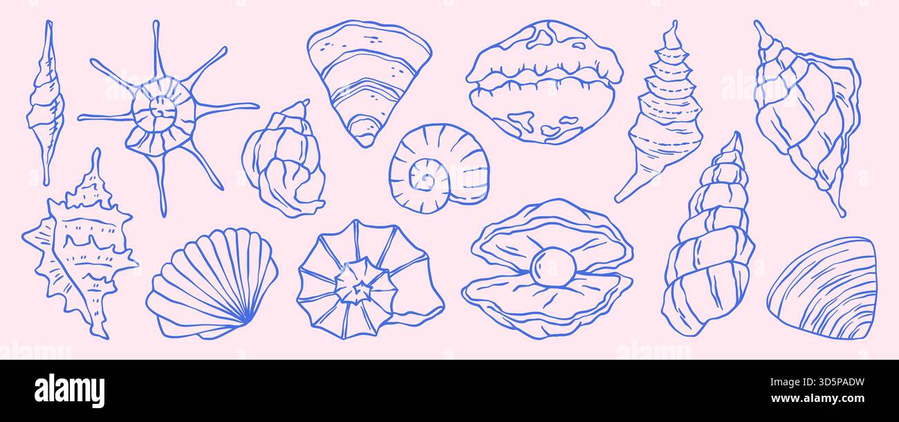 Vintage Muscheln und Küsten-Doodle-Illustration mit Strandelementen. Hand gezeichneter Muschelschalen-Vektor mit Ozean- und nautischen Details im Retro-Stil. Marine Sketch für Sommerreisen. Stock Vektor